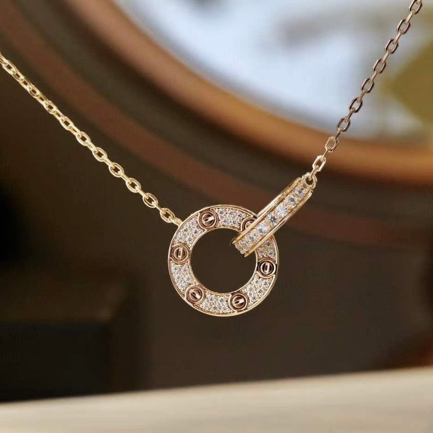 [Clover]LOVE 7.6MM NECKLACE ROSE GOLD AND SILVER  FULL DIAMOND