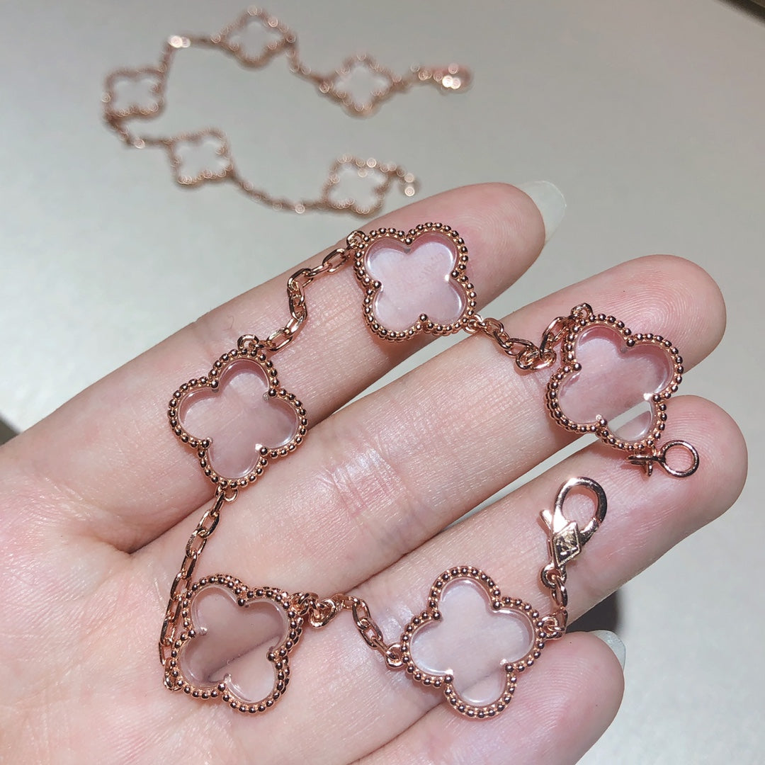 [Clover]CLOVER 5 MOTIF ROCK CRYSTAL PINK GOLD BRACELET