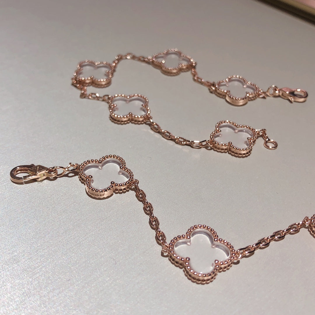 [Clover]CLOVER 5 MOTIF ROCK CRYSTAL PINK GOLD BRACELET