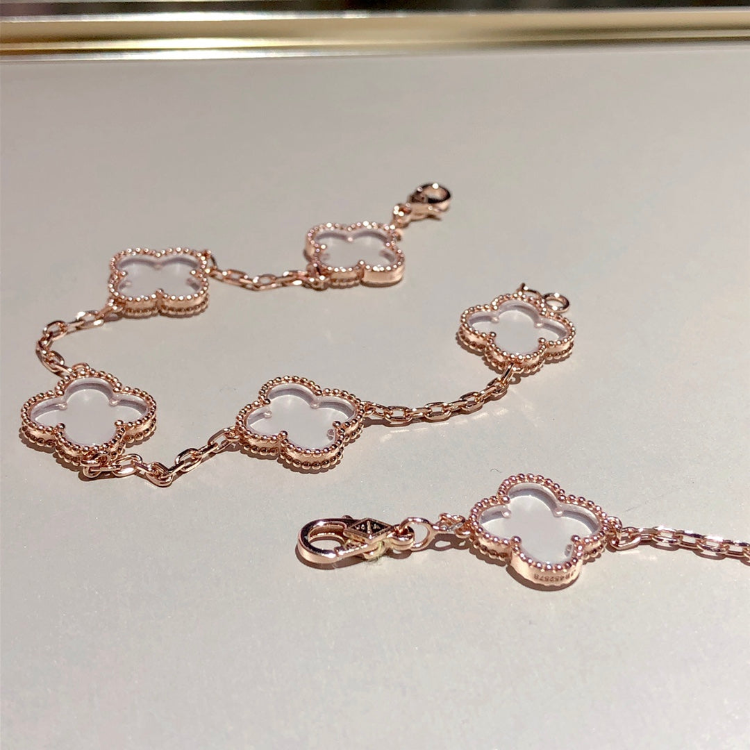 [Clover]CLOVER 5 MOTIF ROCK CRYSTAL PINK GOLD BRACELET