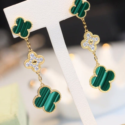 [Clover]CLOVER EARRINGS GOLD MALACHITE DIAMOND 3 MOTIF