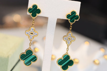 [Clover]CLOVER EARRINGS GOLD MALACHITE DIAMOND 3 MOTIF