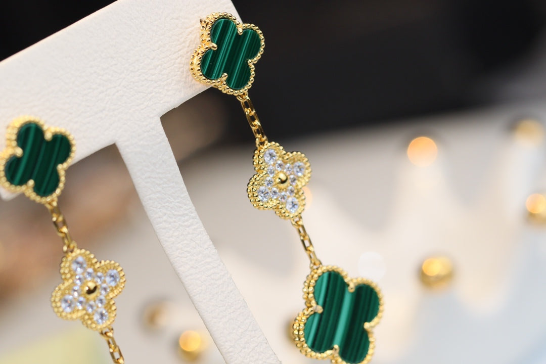 [Clover]CLOVER EARRINGS GOLD MALACHITE DIAMOND 3 MOTIF