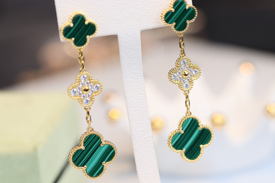 [Clover]CLOVER EARRINGS GOLD MALACHITE DIAMOND 3 MOTIF