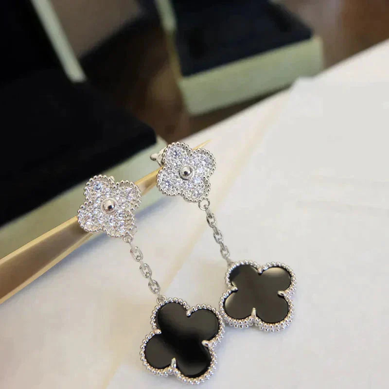 [Clover]CLOVER 2 MOTIFS  DIAMOND ONYX EARRINGS SILVER