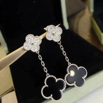 [Clover]CLOVER 2 MOTIFS  DIAMOND ONYX EARRINGS SILVER