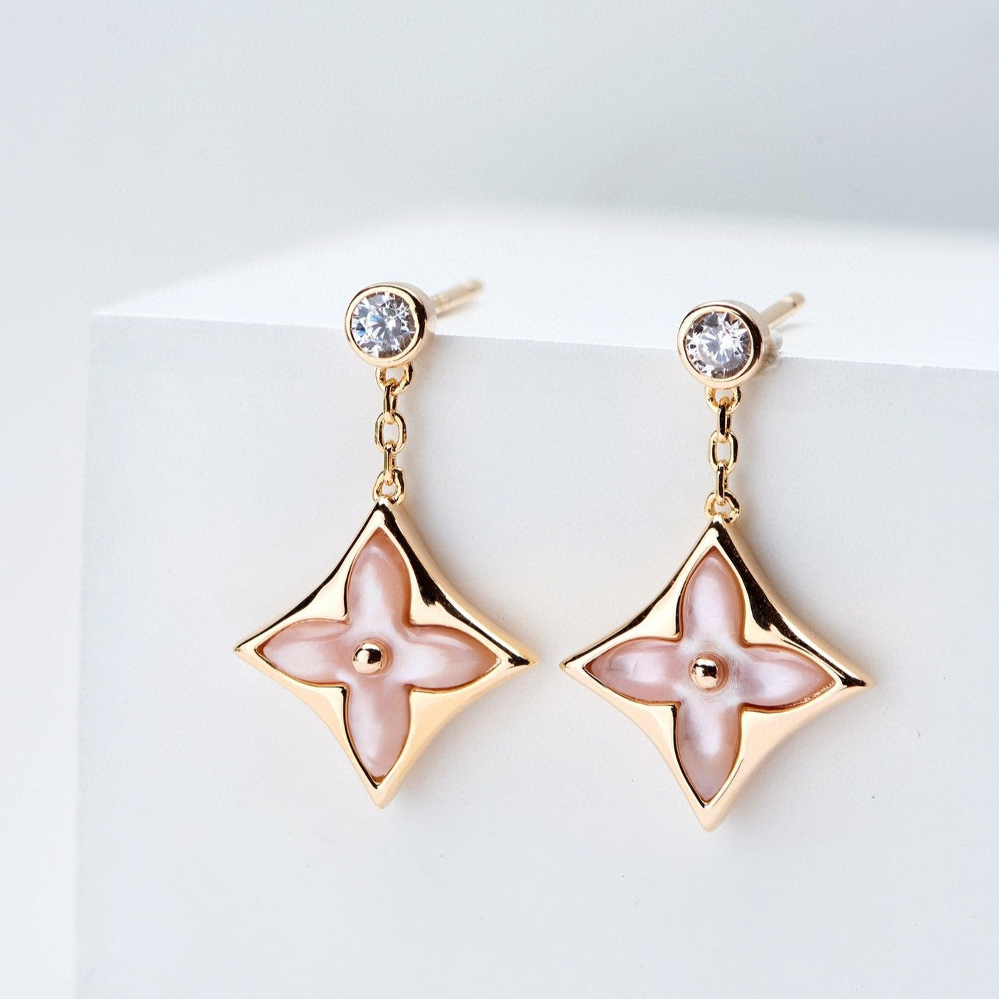 [Clover]DOUBLE STAR PINK GOLD MOP DROP EARRINGS