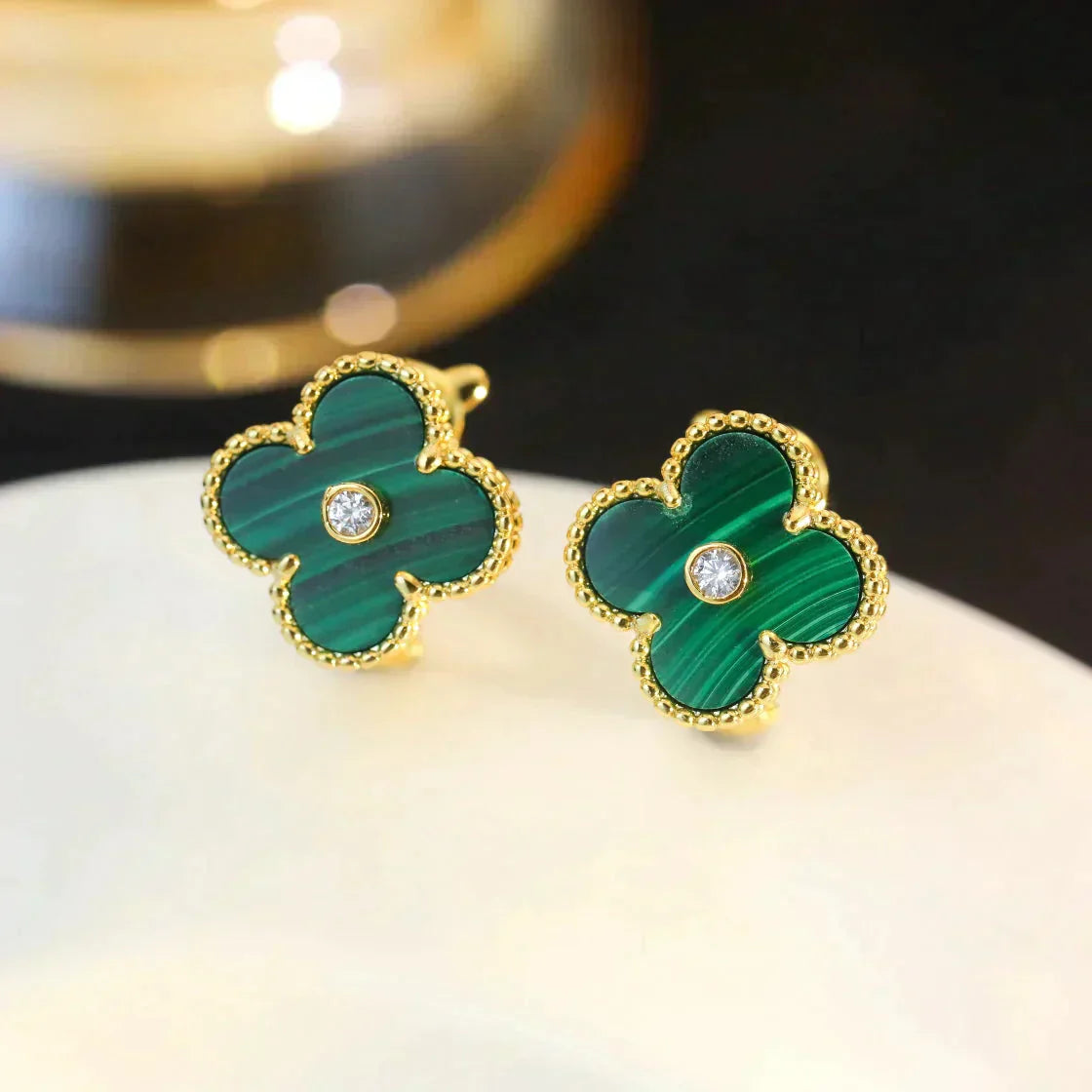 [Clover]CLOVER MEDIUM 1 MOTIFS MALACHITE DIAMOND EARRINGS