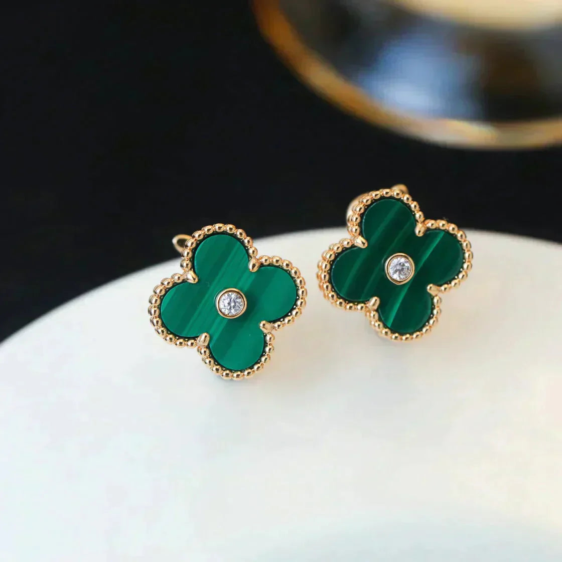 [Clover]CLOVER MEDIUM 1 MOTIFS MALACHITE DIAMOND EARRINGS