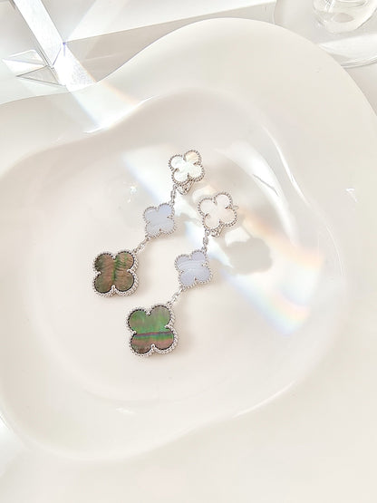 [Clover]CLOVER 3 MOTIFS CHALCEDONY DARK MOP SILVER EARRINGS