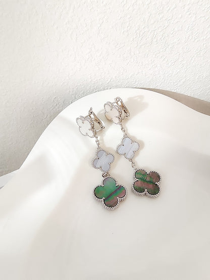[Clover]CLOVER 3 MOTIFS CHALCEDONY DARK MOP SILVER EARRINGS