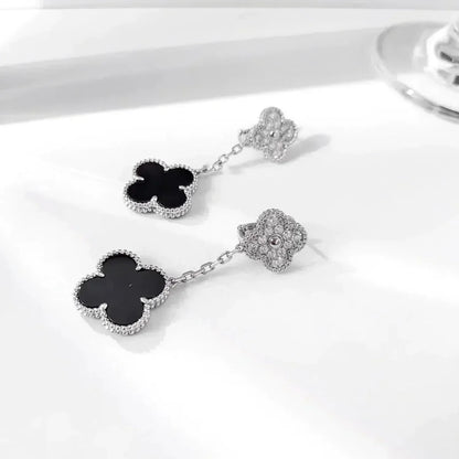 [Clover]CLOVER 2 MOTIFS  DIAMOND ONYX EARRINGS SILVER