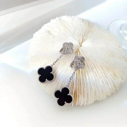 [Clover]CLOVER 2 MOTIFS  DIAMOND ONYX EARRINGS SILVER