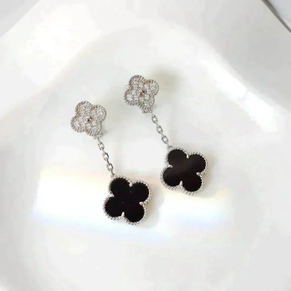 [Clover]CLOVER 2 MOTIFS  DIAMOND ONYX EARRINGS SILVER