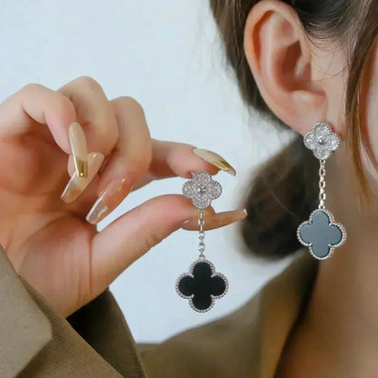[Clover]CLOVER 2 MOTIFS  DIAMOND ONYX EARRINGS SILVER