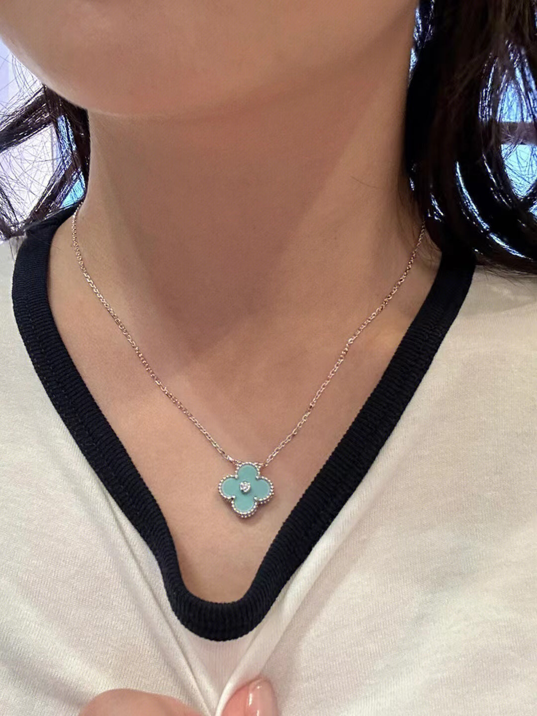 [Clover]CLOVER 1 DIAMOND LIGHT BLUE SILVER NECKLACE