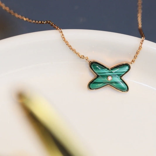 [Clover]JEUX MALACHITE 1 DIAMOND PINK GOLD NECKLACE