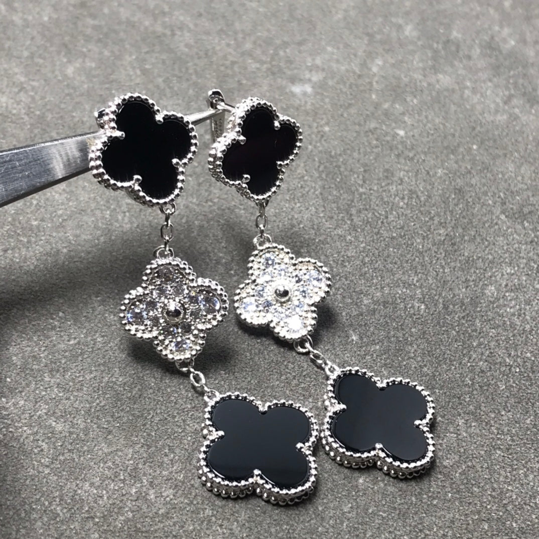 [Clover]CLOVER 3 MOTIF DIAMOND ONYX SILVER EARRINGS