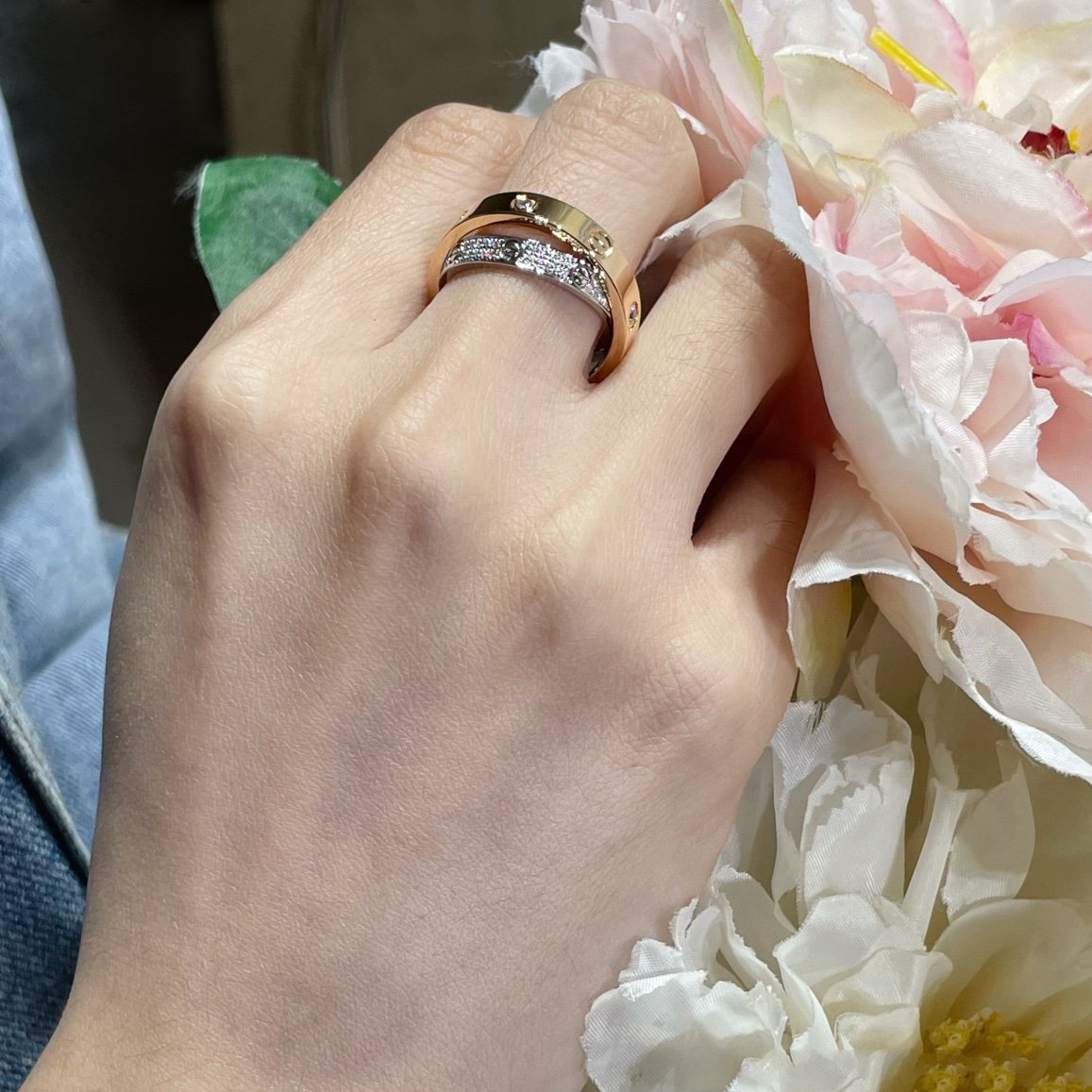 [Clover]LOVE PINK GOLD SILVER DIAMOND DOUBLE RING