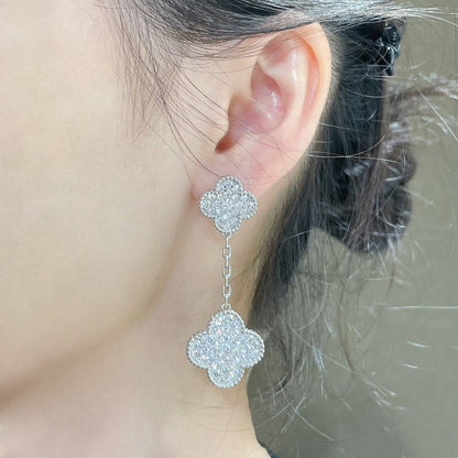 [Clover]CLOVER 2 MOTIFS DIAMOND PAVED SILVER EARRINGS
