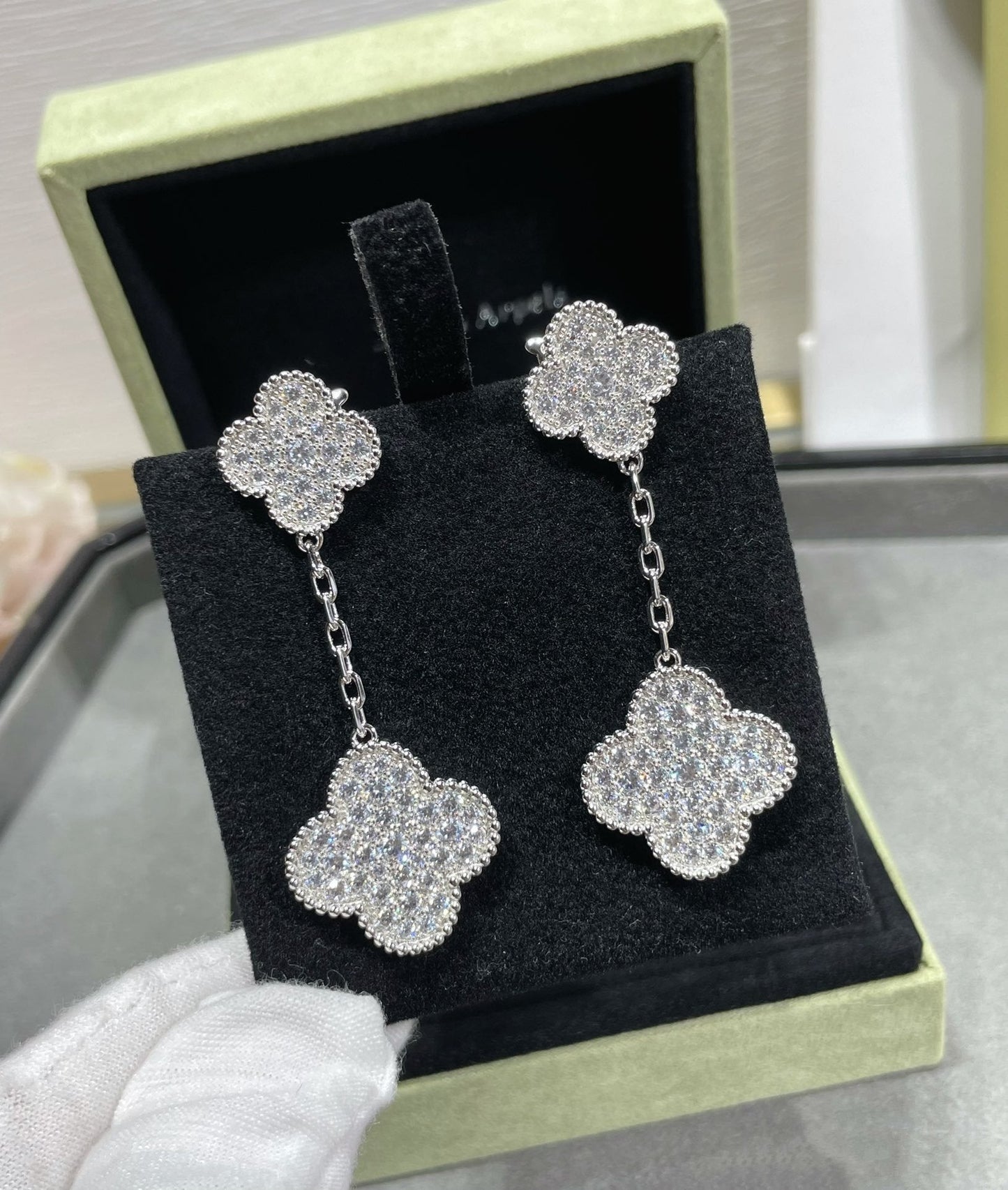 [Clover]CLOVER 2 MOTIFS DIAMOND PAVED SILVER EARRINGS