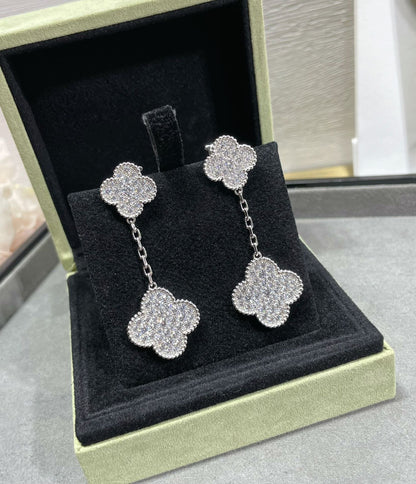 [Clover]CLOVER 2 MOTIFS DIAMOND PAVED SILVER EARRINGS