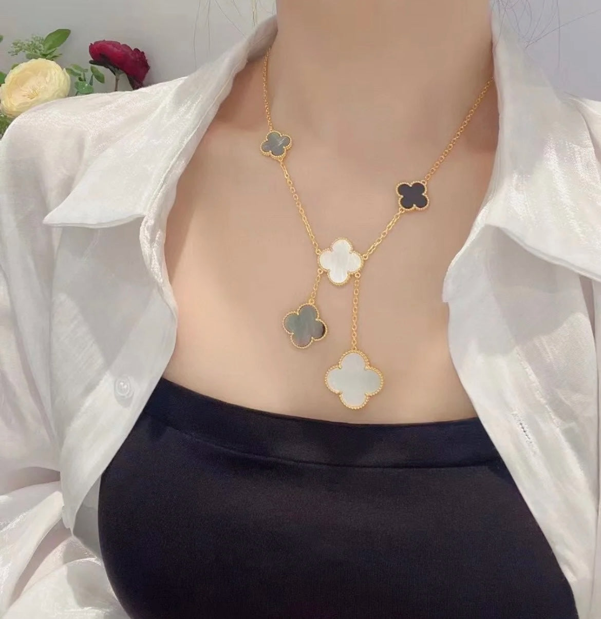 [Clover]CLOVER 6 MOTIF MOP ONYX GOLD NECKLACE