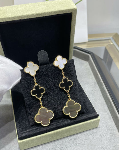 [Clover]CLOVER 3 MOTIF MOP ONYX DARK MOP PINK GOLD EARRINGS