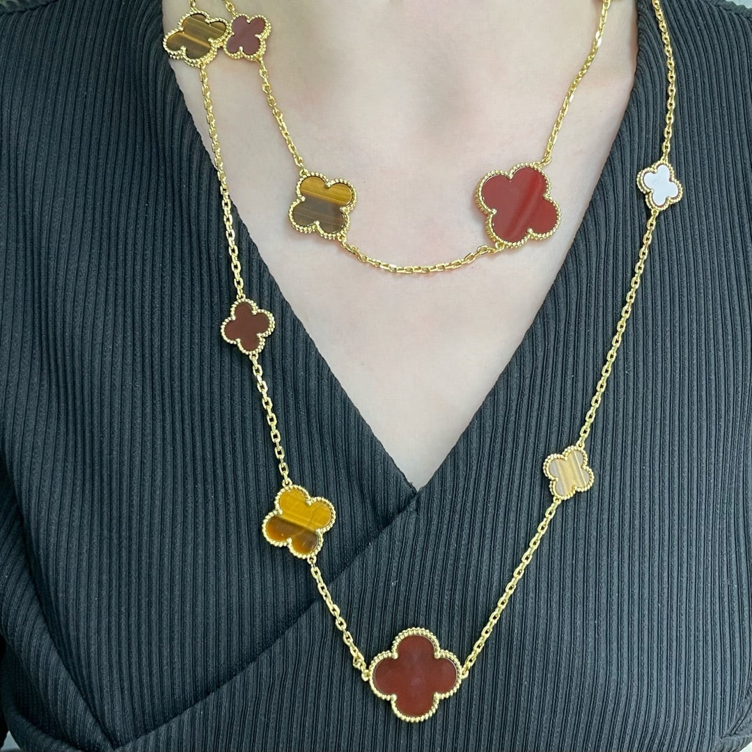 [Clover]CLOVER 16 MOTIF CARNELIAN TIGER EYE ROSE GOLD NECKLACE