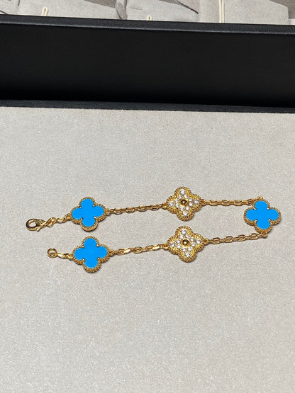 [Clover]CLOVER 5 MOTIF BLUE CHALCEDONY DIAMOND GOLD BRACELET