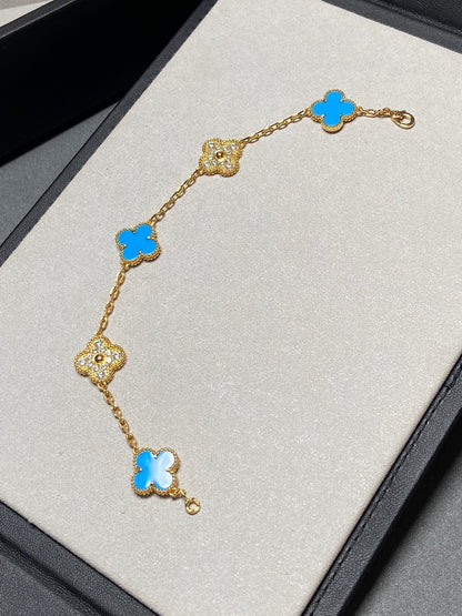 [Clover]CLOVER 5 MOTIF BLUE CHALCEDONY DIAMOND GOLD BRACELET