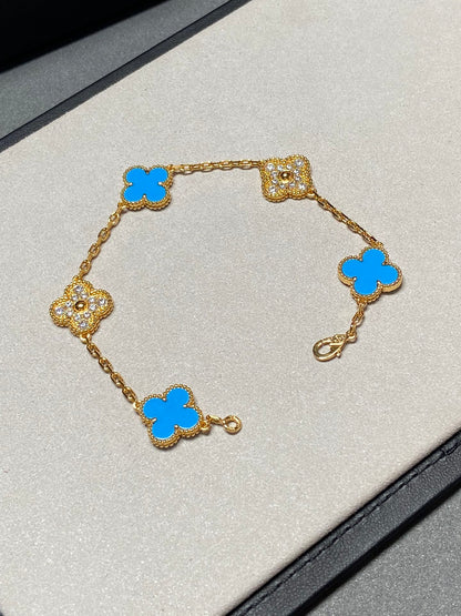 [Clover]CLOVER 5 MOTIF BLUE CHALCEDONY DIAMOND GOLD BRACELET