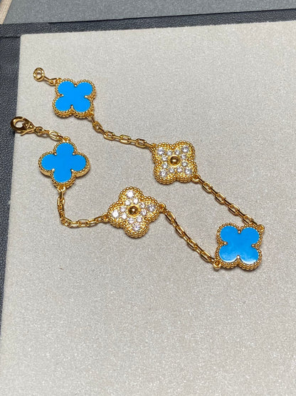 [Clover]CLOVER 5 MOTIF BLUE CHALCEDONY DIAMOND GOLD BRACELET