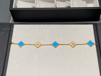 [Clover]CLOVER 5 MOTIF BLUE CHALCEDONY DIAMOND GOLD BRACELET