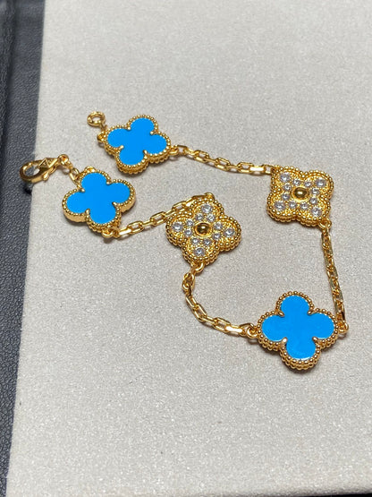 [Clover]CLOVER 5 MOTIF BLUE CHALCEDONY DIAMOND GOLD BRACELET