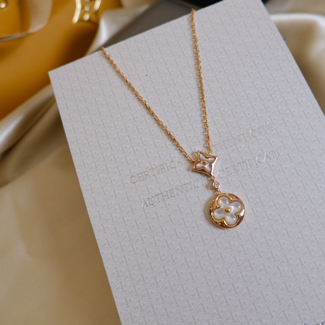 [Clover]STAR AND SUN WHITE MOP 2 MOTIF PINK GOLD NECKLACE