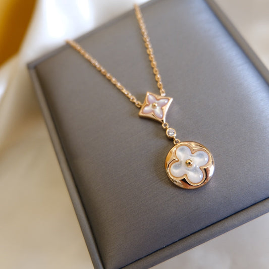 [Clover]STAR AND SUN WHITE MOP 2 MOTIF PINK GOLD NECKLACE
