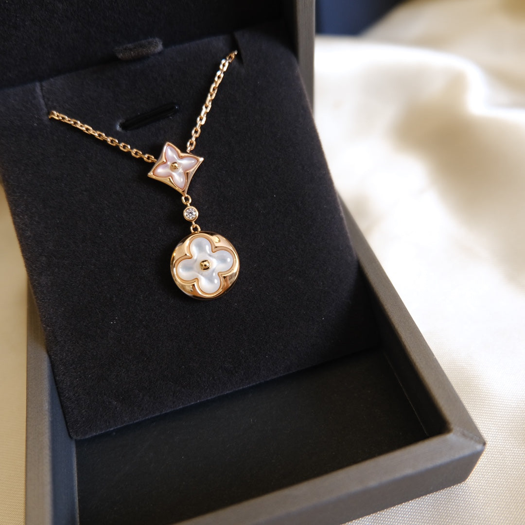[Clover]STAR AND SUN WHITE MOP 2 MOTIF PINK GOLD NECKLACE