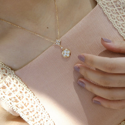 [Clover]STAR AND SUN WHITE MOP 2 MOTIF PINK GOLD NECKLACE