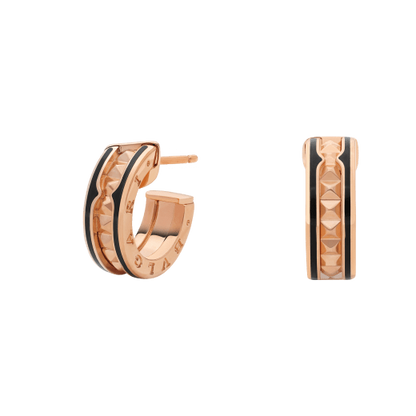 [Clover]ZERO 1 ROCK PINK GOLD EARRINGS WITH STUDDED SPIRAL AND BLACK CERAMIC
