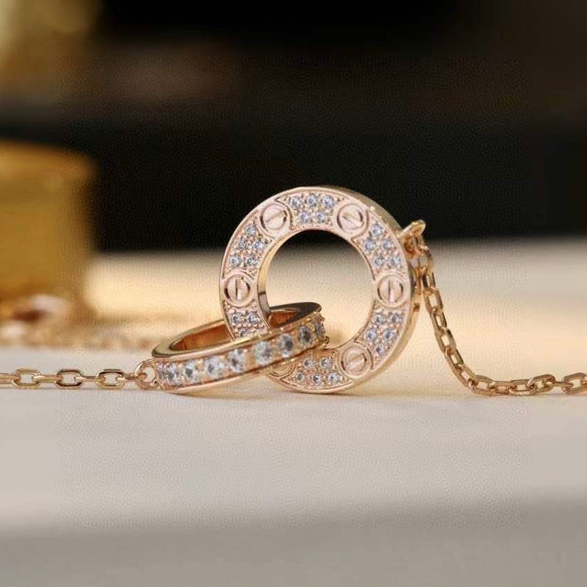 [Clover]LOVE 7.6MM NECKLACE ROSE GOLD AND SILVER  FULL DIAMOND