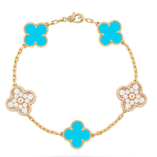 [Clover]CLOVER 5 MOTIF TURQUOISE DIAMOND GOLD BRACELET