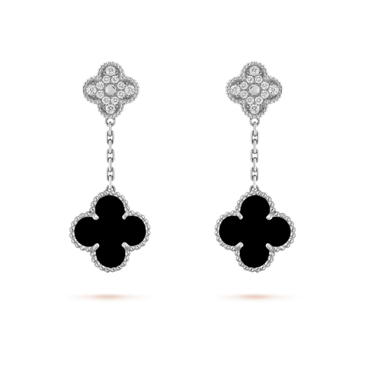 [Clover]CLOVER 2 MOTIFS  DIAMOND ONYX EARRINGS SILVER