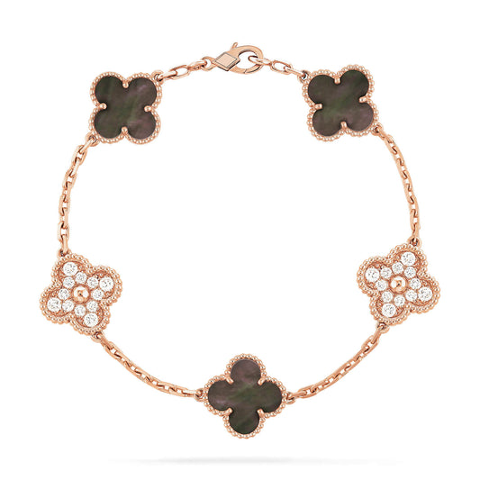 [Clover]CLOVER 5 MOTIFS DARK MOP AND DIAMONDS PINK GOLD BRACELET