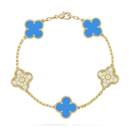 [Clover]CLOVER 5 MOTIF BLUE CHALCEDONY DIAMOND GOLD BRACELET