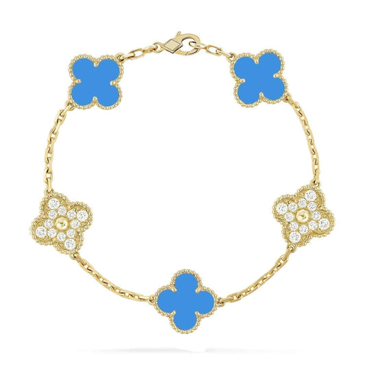 [Clover]CLOVER 5 MOTIF BLUE CHALCEDONY DIAMOND GOLD BRACELET