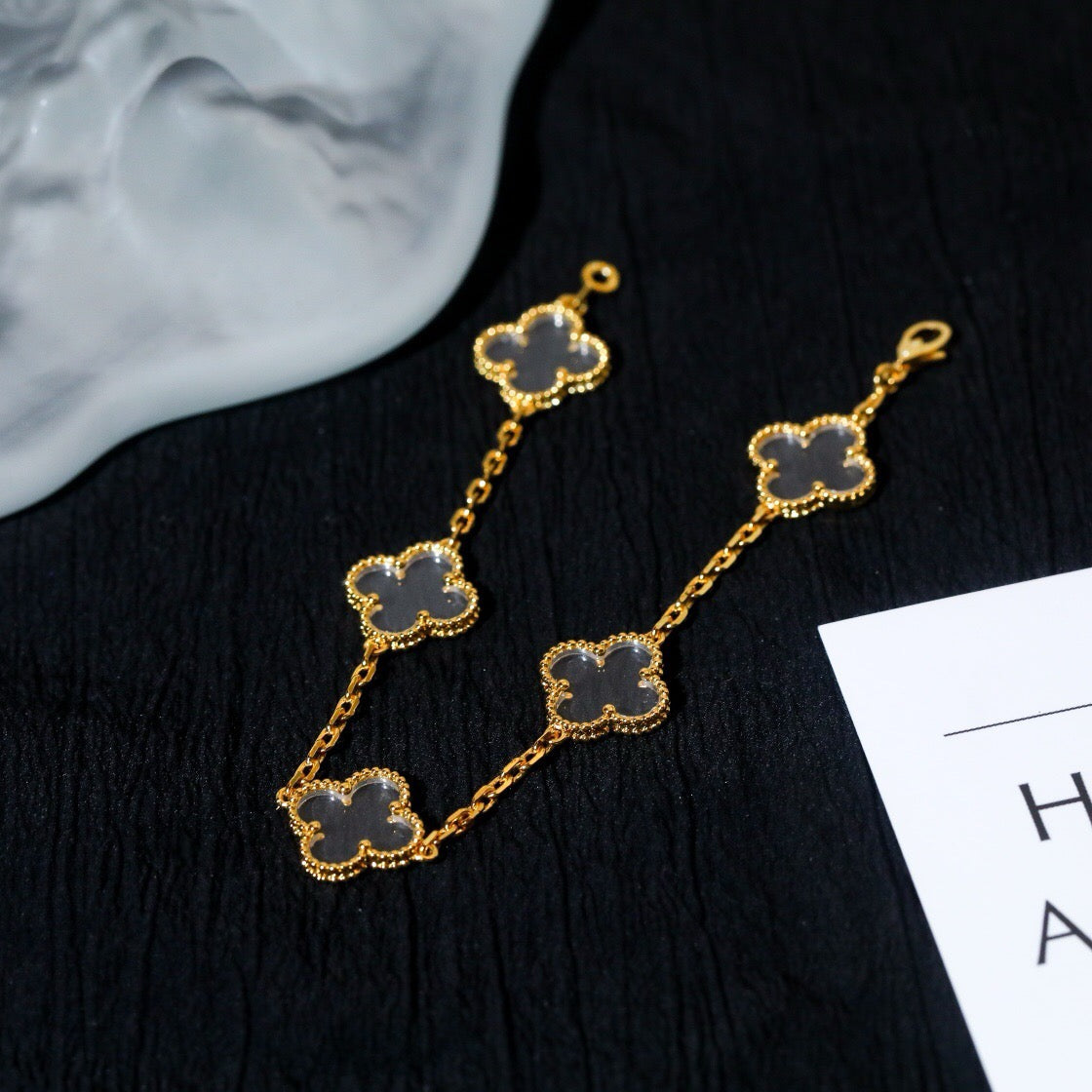 [Clover]CLOVER 5 MOTIF ROCK CRYSTAL PINK GOLD BRACELET