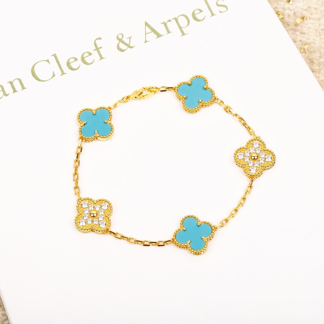 [Clover]CLOVER 5 MOTIF TURQUOISE DIAMOND GOLD BRACELET