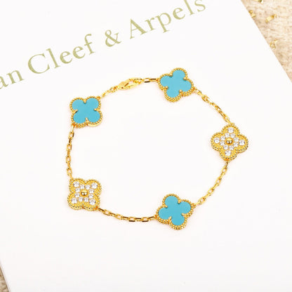 [Clover]CLOVER 5 MOTIF TURQUOISE DIAMOND GOLD BRACELET