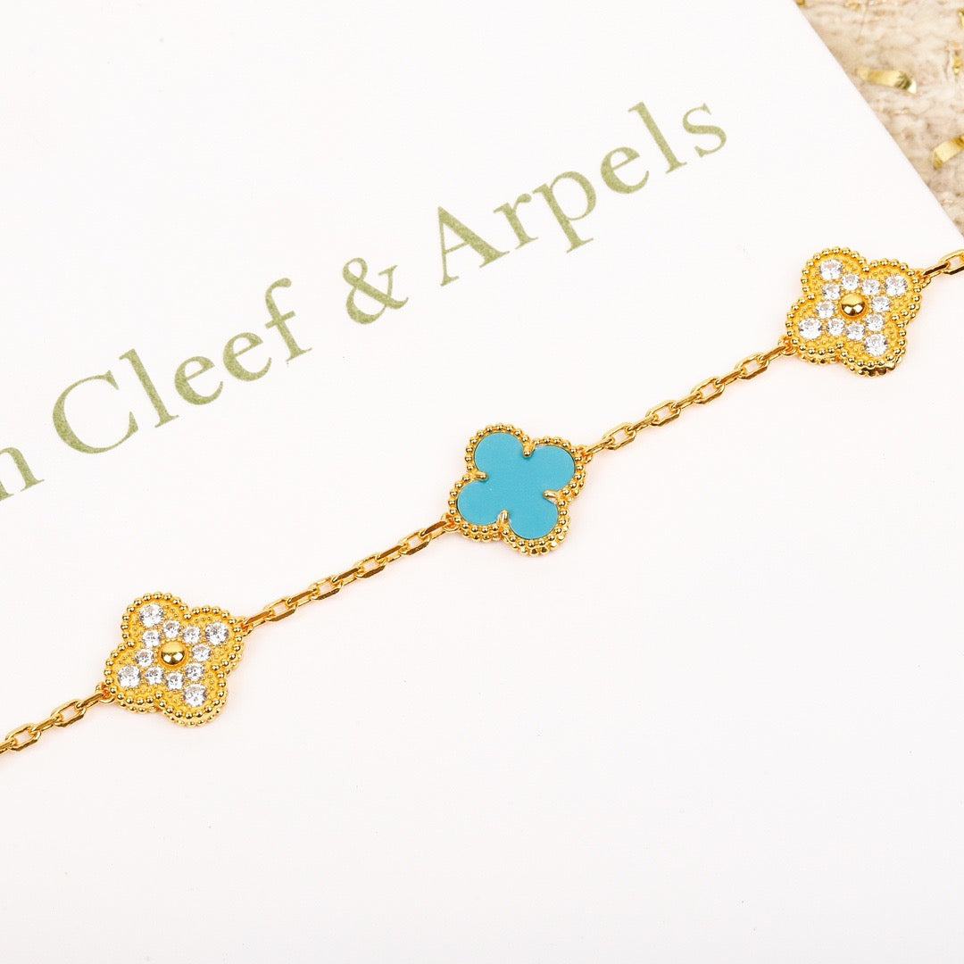 [Clover]CLOVER 5 MOTIF TURQUOISE DIAMOND GOLD BRACELET